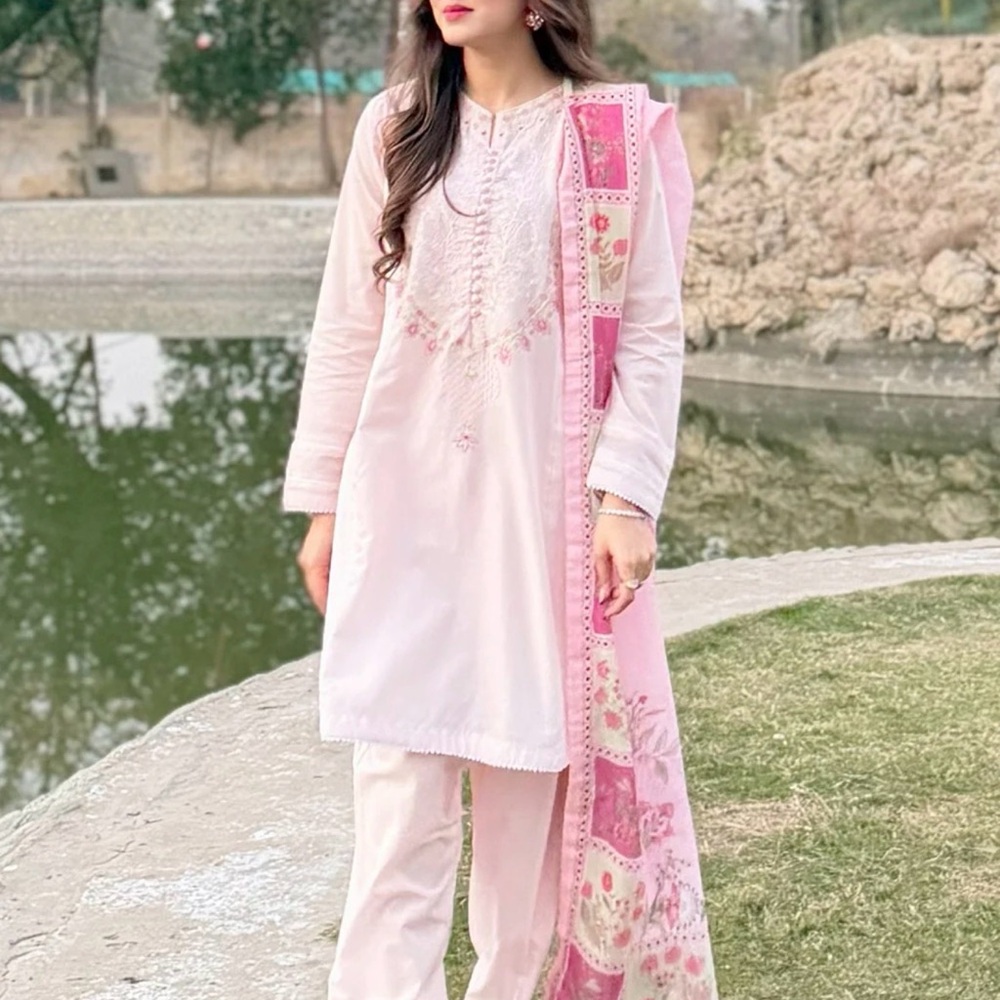 Light Pink Embroidered Lawn Suit with Printed Dupatta